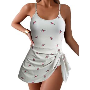 One Piece Swim Dress Swimsuits for Women Scoop Neck Swimdress Skirt Adjustable Spaghetti Strap Bathing Suit