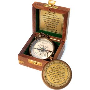 Trust in The Lord with All Your Heart -Proverbs 3: 5-6 Quote Engraved Compass with Wooden Box. Greeting Card, Inspirational Gift Men, Christian Boys Baptism Gifts, Graduation Day