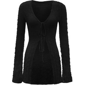 Verdusa Women's 90s Top Bell Long Sleeve Tie Front Textured Sheer T-Shirt Cardigan