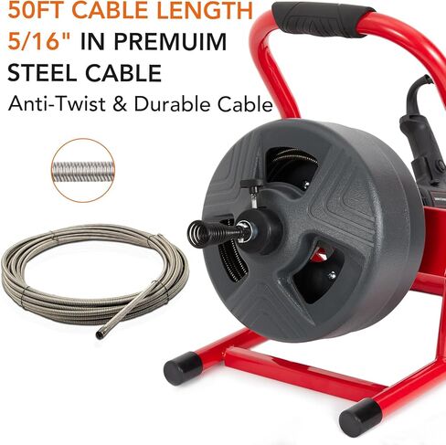 آلة تنظيف الصرف PIONEERWORKS مقاس 50 قدمًا × 5/16 بوصة، أداة تصريف كهربائية احترافية لأنابيب 3/4 إلى 3 بوصة، مفتاح قدم مع 6 قواطع، قفاز، منظف الصرف الصحي ثعبان المجاري - DA04 in Kuwait