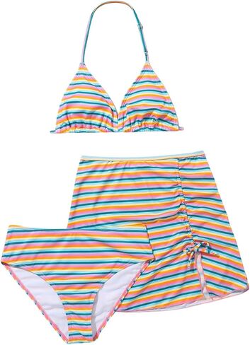Milumia Girl's 3 Piece Striped Bikini Set Halter Neck Swimsuit with Beach Skirt Swimwear in Saudi Arabia