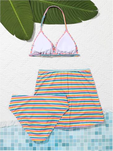 Milumia Girl's 3 Piece Striped Bikini Set Halter Neck Swimsuit with Beach Skirt Swimwear in Saudi Arabia