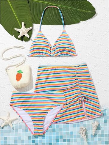 Milumia Girl's 3 Piece Striped Bikini Set Halter Neck Swimsuit with Beach Skirt Swimwear in Saudi Arabia