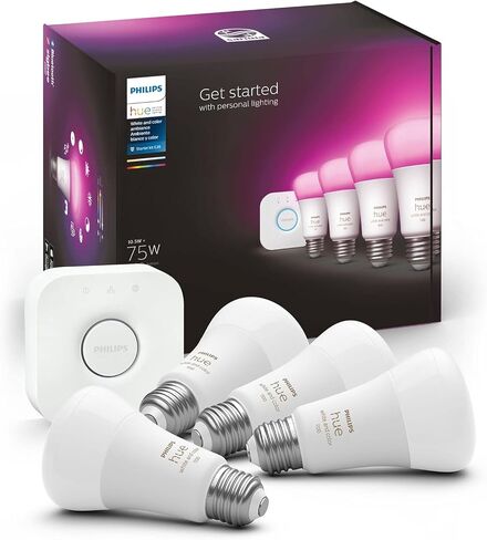 Philips Hue Smart Light Starter Kit - Includes (1) Bridge and (4) 75W A19 E26 LED Smart White and Color Ambiance Bulbs - Control with App - Compatible with Alexa, Google Assistant, and Apple HomeKit in Kuwait