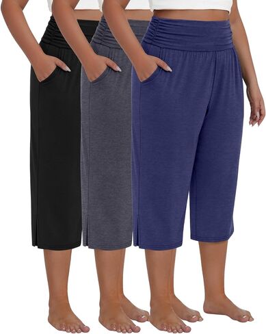 Neer 3 Pack Women's Plus Size Cotton Capri Pants High Waisted Wide Leg Loose Lounge Yoga Cropped Sweatpants with Pockets in Saudi Arabia