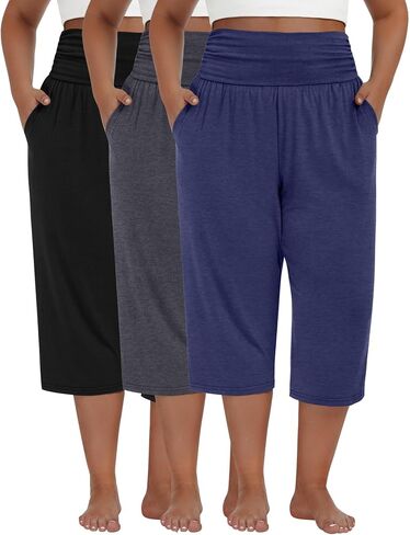 Neer 3 Pack Women's Plus Size Cotton Capri Pants High Waisted Wide Leg Loose Lounge Yoga Cropped Sweatpants with Pockets in Saudi Arabia