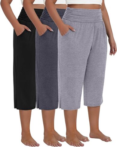 Neer 3 Pack Women's Plus Size Cotton Capri Pants High Waisted Wide Leg Loose Lounge Yoga Cropped Sweatpants with Pockets in Saudi Arabia