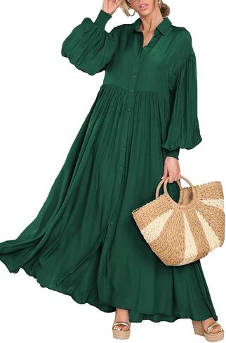 Women's Casual Pleated Long Dress Button Down Loose Fit Boho Beach Sun Dresses,XL Black in Saudi Arabia