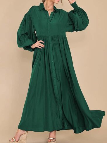 Women's Casual Pleated Long Dress Button Down Loose Fit Boho Beach Sun Dresses,XL Black in Saudi Arabia