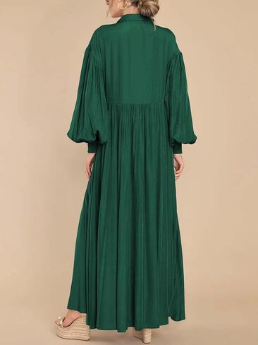 Women's Casual Pleated Long Dress Button Down Loose Fit Boho Beach Sun Dresses,XL Black in Saudi Arabia