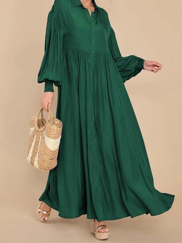 Women's Casual Pleated Long Dress Button Down Loose Fit Boho Beach Sun Dresses,XL Black in Saudi Arabia