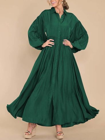 Women's Casual Pleated Long Dress Button Down Loose Fit Boho Beach Sun Dresses,XL Black in Saudi Arabia