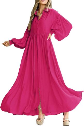 Women's Casual Pleated Long Dress Button Down Loose Fit Boho Beach Sun Dresses,XL Black in Saudi Arabia