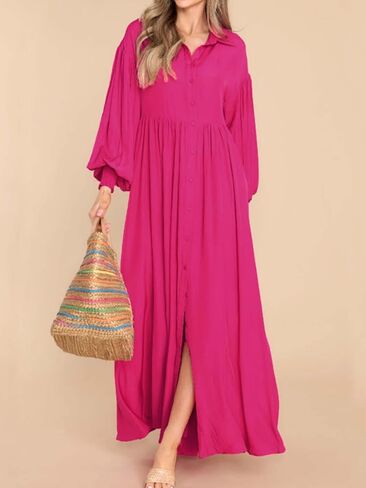 Women's Casual Pleated Long Dress Button Down Loose Fit Boho Beach Sun Dresses,XL Black in Saudi Arabia
