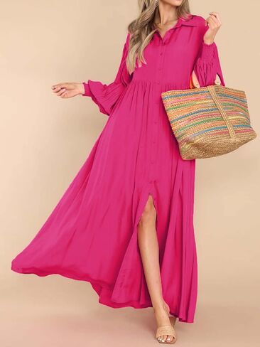 Women's Casual Pleated Long Dress Button Down Loose Fit Boho Beach Sun Dresses,XL Black in Saudi Arabia