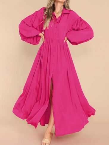 Women's Casual Pleated Long Dress Button Down Loose Fit Boho Beach Sun Dresses,XL Black in Saudi Arabia
