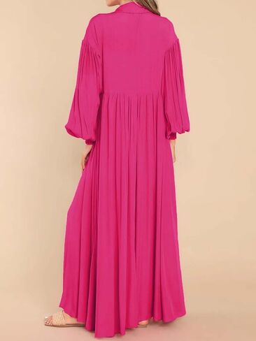 Women's Casual Pleated Long Dress Button Down Loose Fit Boho Beach Sun Dresses,XL Black in Saudi Arabia