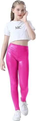 سروال ضيق لامع للفتيات 4t 5t وردي معدني قابل للتمدد عالي الخصر سروال رياضي للرقص والجمباز in Kuwait