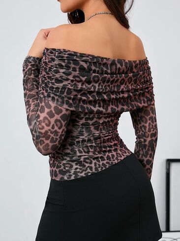 WDIRARA Women's Mesh Leopard Print Long Sleeve Off Shoulder Crop Top Slim Fit Casual Tee Shirt in Saudi Arabia