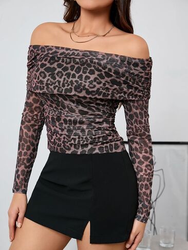 WDIRARA Women's Mesh Leopard Print Long Sleeve Off Shoulder Crop Top Slim Fit Casual Tee Shirt in Saudi Arabia