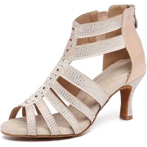 Ballroom Dance Shoes for Women 3 Inch Heel Rhinestones Latin Salsa Shoes Dance Boots Suede Sole