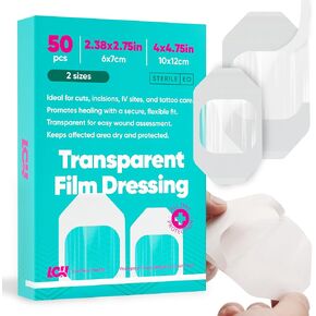 LCH 50 Pack Transparent Film Dressing Waterproof, 2 Sizes: 2.38" x 2.75" & 4" x 4.75", Waterproof Bandages for Swimming, Second Skin Tattoo Cover, Impermeable Transparent Dressing