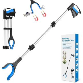 43" Grabber Reacher Tool, Foldable Reacher Grabber Pickup Tool with 360° Rotating Jaw & Two Magnets, Extra Long Trash Picker Upper Grabber, Extension Grabbers for Seniors, Blue
