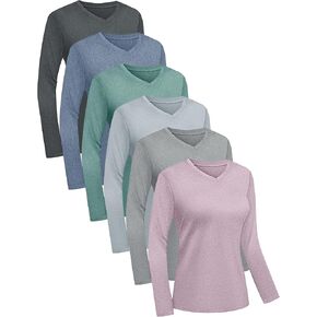 1/6 Pack Womens Long Sleeve Workout Shirts,UPF50+ Dry Fit V Neck UV Sun Protection Running Athletic Tops T Shirts