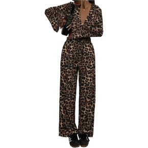 MakeMeChic Women's 2 Piece Outfit Leopard Print Set V Neck Bell Sleeve Twist Crop Tops and Pants Set