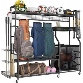 DWVO Golf Bag Organizer for Garage, Golf Storage Stand with Casters, Garage Sports Organizer for Balls, Rackets, Roller Skates and Other Sport Equipments