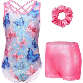Idgreatim 5-10 Years Gymnastics Leotards for Girls Sparkly Unitards Biketards with Shorts Activewear Outfits