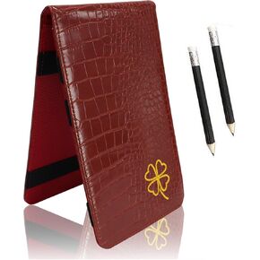 FINGER TEN Golf Scorecard Holder Leather Yardage Books Cover Lucky Clover with 2 Free Pencil Value Pack Deluxe Pocket Score Card Covers Gift for Men Women Golfer (Brown)