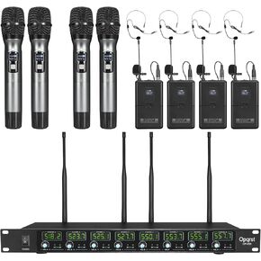 Wireless Microphone System 8 Channel UHF 4 Handheld 4 Bodypack Headset Lapel Mics Fixed Frequency Metal Cordless Microphone for Church Singing DJ Wedding Party Ktv