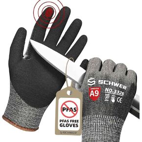 Schwer ProGuard Highest Level Cut Resistant Work Gloves PR3326 for Extreme Protection，ANSI A9 Cut Gloves with Reinforced Thumb, Non Slip, Breathable, Durable, Touch-screen, PFAS Free, Black 1 Pair（L）