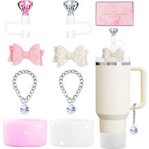 Diamond Stanley Cup Accessories Glitter Straw Topper Silicone Boot Bow Tie Crystal Handle Charms for Stanley Cup 30&40 Oz Pink Tumbler Cup Water Bottle Accessories Set Reusable Straw Cover Cap