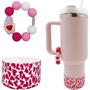 Valentine's Day Silicone Boot Tumbler Handle Charms Pink Sport Water Bottle Cover Cute Stanley Bottom Protector Sleeves for 30oz&40oz Stanley Cup (Pink)