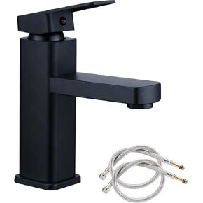 Bathroom Basin Tap Washroom Hot and Cold Mixer Tap Single Lever Bathroom Sink Faucet with 24Inch Water Supply Line, Matte Black