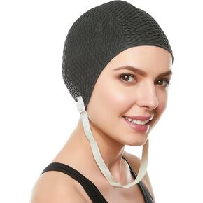 BeeMo Women’s Latex Swim Cap - Rubber Swim Cap - Soft Comfortable Stretch Stylish Low Cut Design Protects Hair from Sun Salt or Chlorine Perfect for Water Activities Optional Chin Strap Available