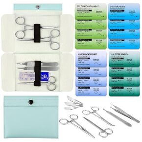 Suture Practice Kit Includes Suture Tools Kit, 16 Mixed Suture Threads with Needle, 3 Blades for Medical Students (Education Use Only)-Green