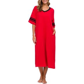 Vslarh Womens Nightgown V Neck Knit Long Sleepwear Short Sleeve Soft Loungewear with Pockets S-XXL