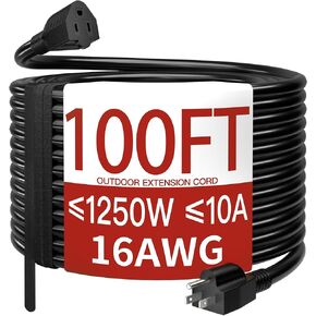 16/3 100 Ft Outdoor Extension Cord Waterproof, Weatherproof & Flame Retardant Black 3 Prong Power Cord Outside for Lawn & Garden, 10 Amps 1250 Watts 125 VAC 16AWG SJTW, ETL Listed