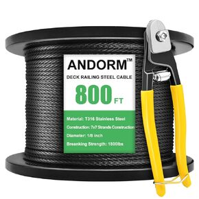 1/8 800ft T316 Stainless Steel Railing Cable Wire Rope 7x7 Strands Construction for Deck Cable Railing System, Cable Railing Hardware, Aircraft Cable Kits