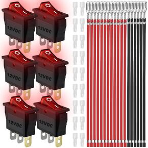 6PCS Rocker Switch 3 Pins 2 Position ON/Off 20A 12V DC SPST Red LED Light Illuminated Small Mini Snap in Boat Rocker Toggle Switch 18 PCS Terminal Wire Sheath (6.3mm/0.24inch)
