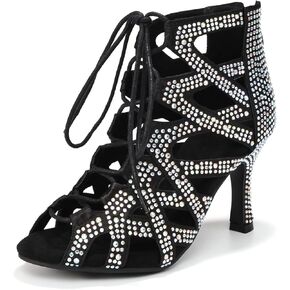 YKXLM Latin Dance Boots Salsa Lace-up Ankle Open Toe Rhinestone Ballroom Dance Shoes Women