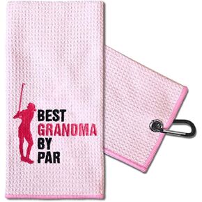 TOUNER Best Grandma by Par Embroidered Golf Towels for Golf Bags with Clip, Funny Pink Golf Towel Gifts for Golf Lover Grandmom, Golf Accessories for Grandmother Women, Birthday Retirement Gifts