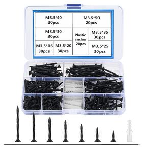 210PCS Wood Screw Combination Kit, Cross Screwdriver Flat Head Self Tapping Screws, Black Carbon Steel Wood Screws Suitable for Wood Cabinets, Soft Metal Including 20 Screw Anchors