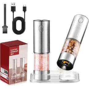 Electric Salt and Pepper Grinder Set Rechargeable - Automatic Pepper Mill Grinder with Adjustable Coarseness and LED Light Refillable Stainless Steel Condiment Shakers Larger Capacity 2 Pack