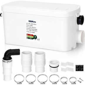 Macerator Pump, Silent 250W Sewage Sump Pump, 6000 L/h Flow, Upflush 26.3ft Head, IPX7, Utility Sink Pump with 2 Inlets for Wastewater Disposal in Basement Shower Bathtub Laundry Kitchen RVs