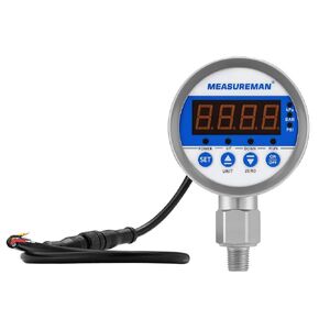 MEASUREMAN 3-1/8" Dial Size Stainless Steel Industrial Digital Pressure Control, Pressure Switch, 1/4" NPT Lower Mount, -15-0psi Vacuum, 110VAC, 0.5% Accuracy, LED Display