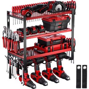 Power Tool Organizer, 4 Layer Drill Holder Wall Mount, Heavy Duty Metal Tool Shelf, Garage Tool Organizers and Storage Rack,Utility Storage Rack for Cordless Drill Charging Station-Red